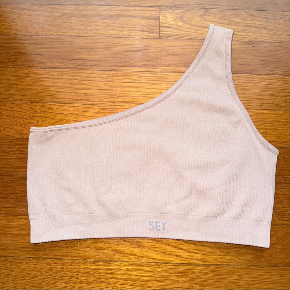 SET Active Ribbed Asymmetrical One-Shoulder Sports Bra - Dusty Rose/Blush Pink